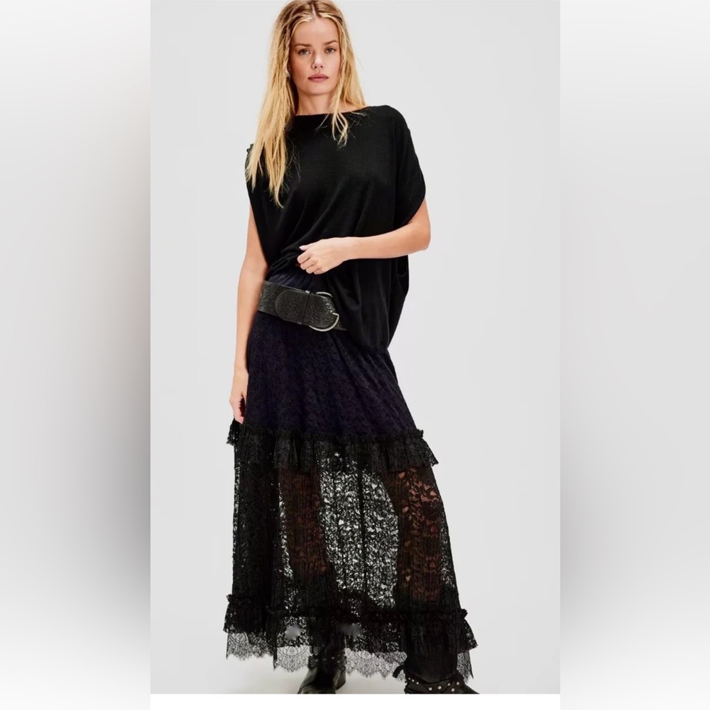 Free People Arizona Maxi Skirt Sheer Lace Tiered Ruffle Elastic Black